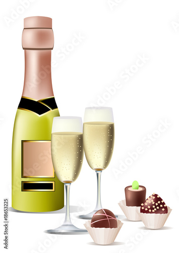 Vector realistic bottle of wine, sweets and two glasses