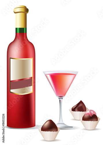 A vector realistic bottle of red wine, glass and sweets