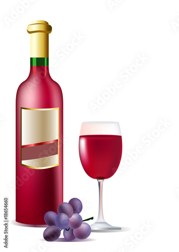 Vector realistic bottle of red wine, grape and glass