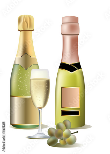 Two bottles of wine, grape and a glass