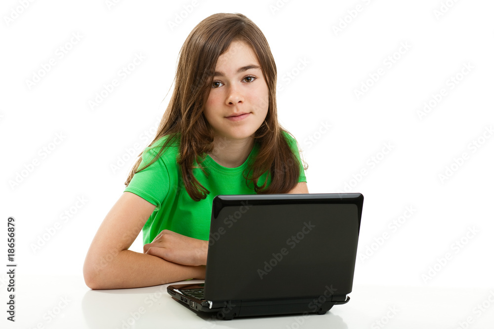 Girl using laptop isolated on white background Girl using laptop isolated on white background