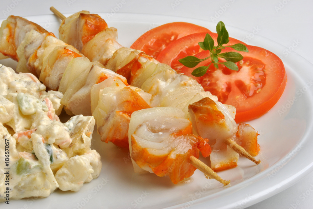 fresh home made potato salad with salmon shashlik fresh home made potato salad with salmon shashlik