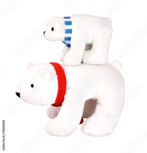 Two white toys polar bears - mother and son  isolated