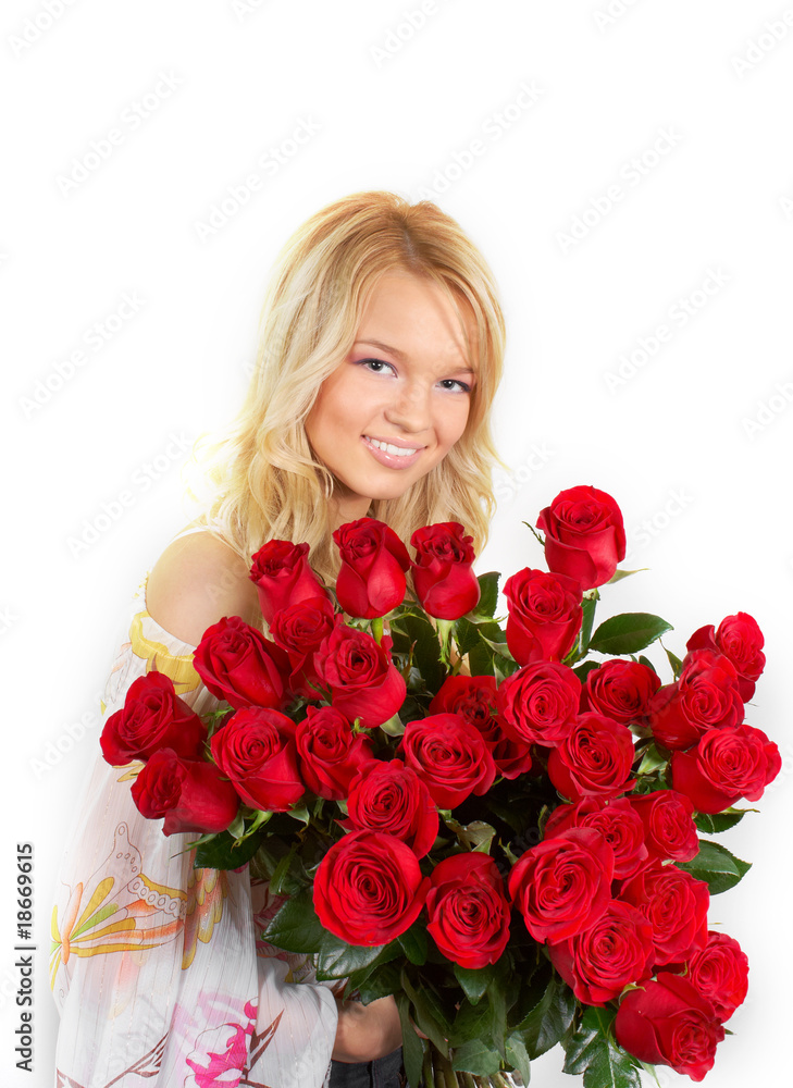 beautiful young girl with a bouquet of roses beautiful young girl with a bouquet of roses