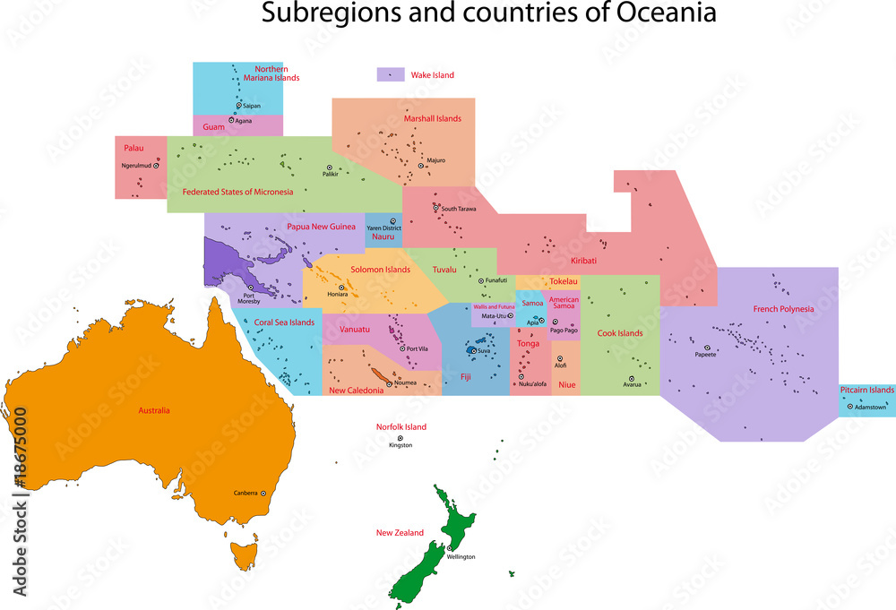 Colorful Oceania map with countries and capital cities