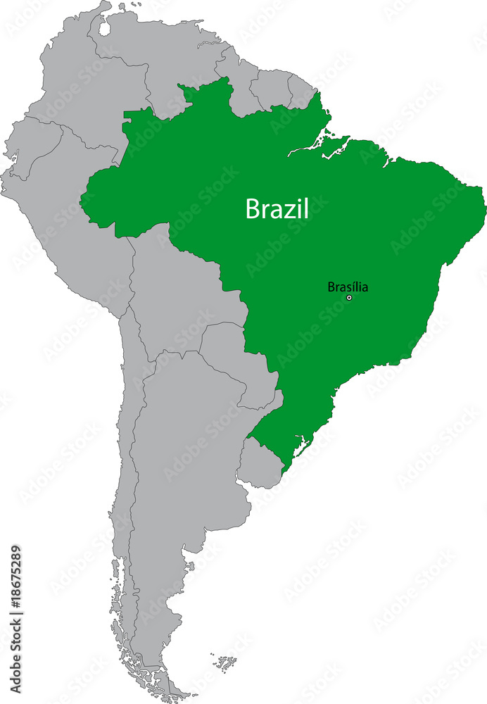 Location of Brazil on the South America continent