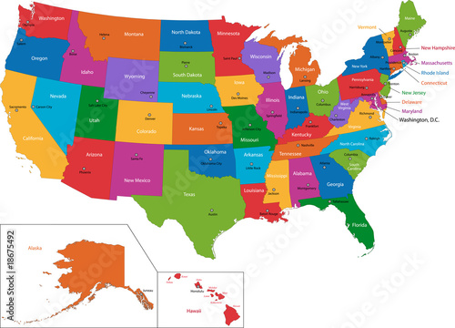 Fotografie, Obraz Colorful USA map with states and capital cities