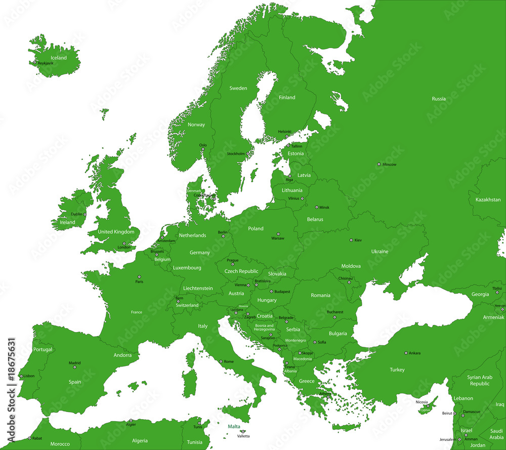 Green Europe map with countries and capital cities