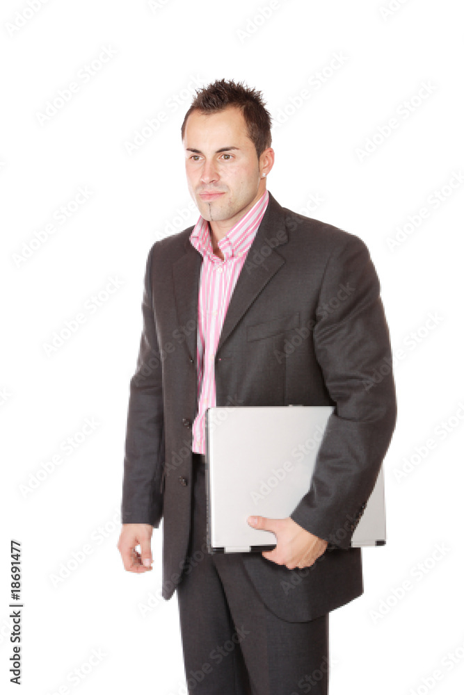 Happy businessman holding laptop computer Happy businessman holding laptop computer
