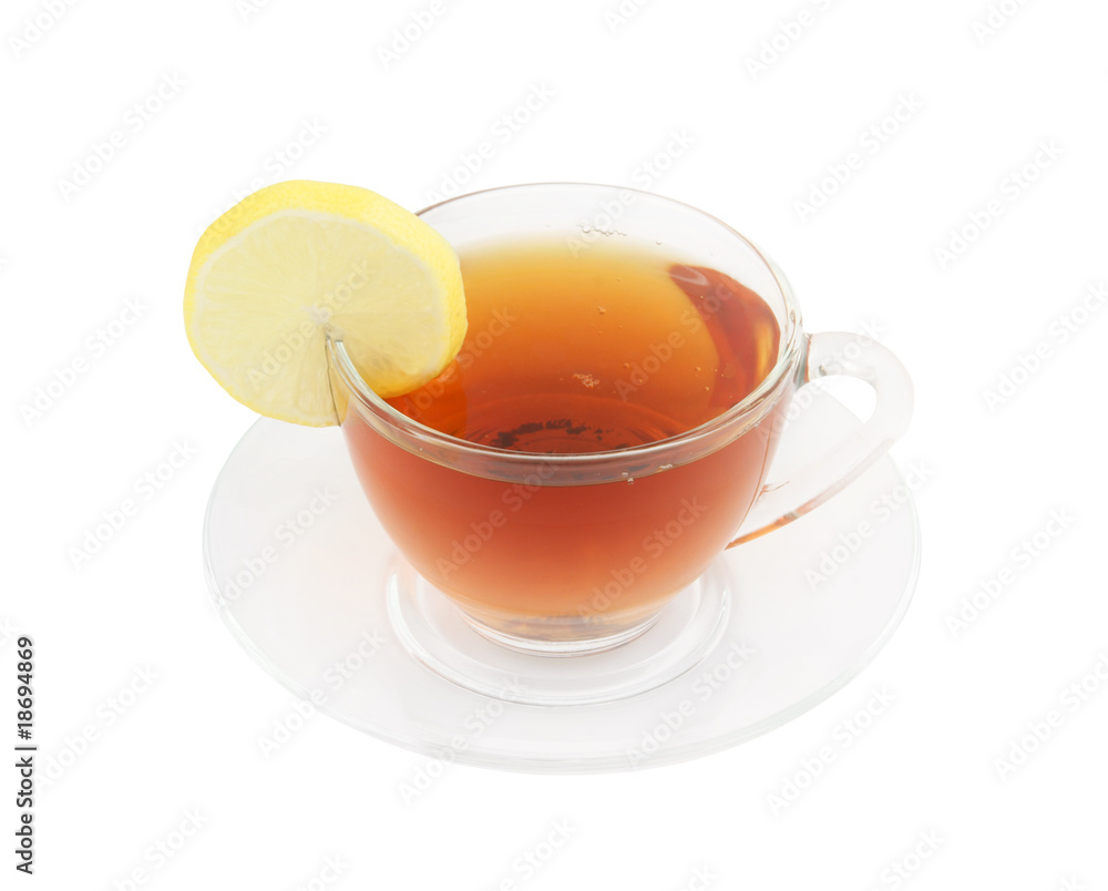 Glass cup of tea with lemon isolated on white Glass cup of tea with lemon isolated on white