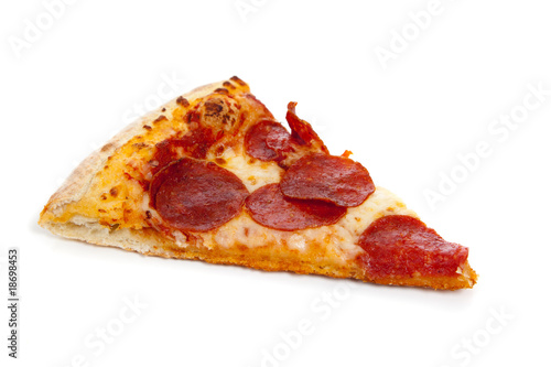 A slice of Pepperoni pizza on white