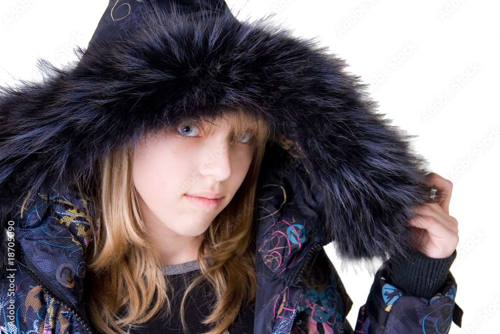 Beautiful blonde girl wearing a jacket with fur Beautiful blonde girl wearing a jacket with fur