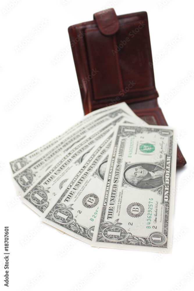 last five dollars in over leather purse. Business concept last five dollars in over leather purse. Business concept