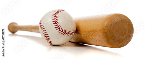 Baseball and wooden bat on white photo