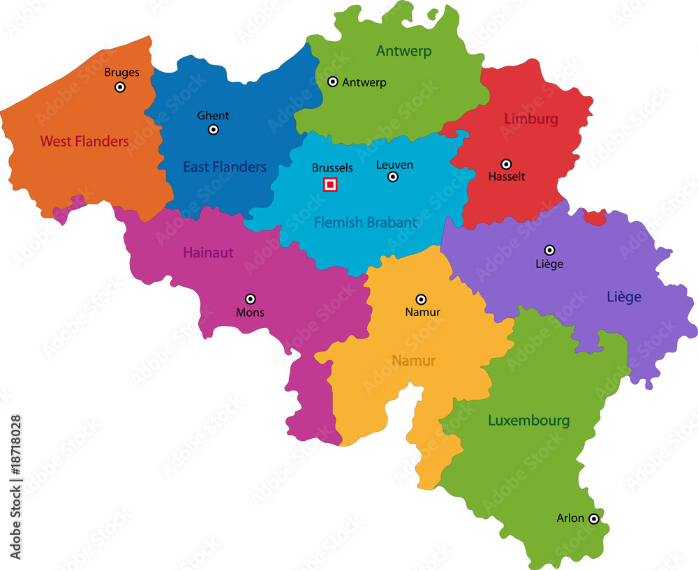 Colorful Belgium map with provinces and main cities
