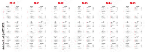 calendar for 2010 through 2015