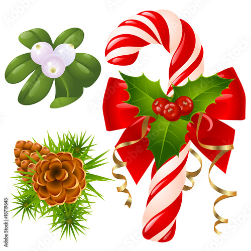 Candy cane, christmas tree, mistletoe and holly