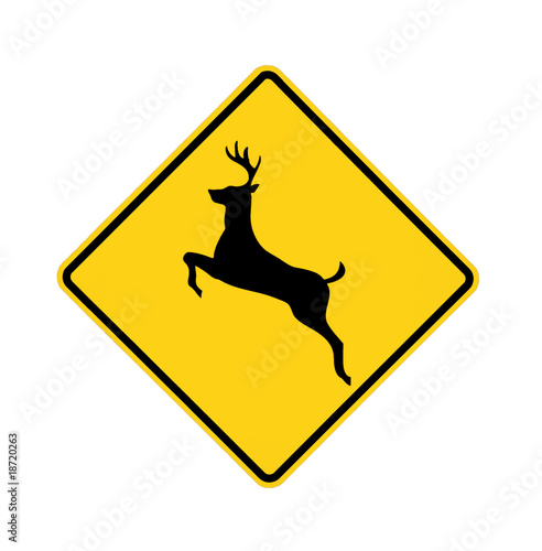 road sign - deer crossing, black on yellow, isolated