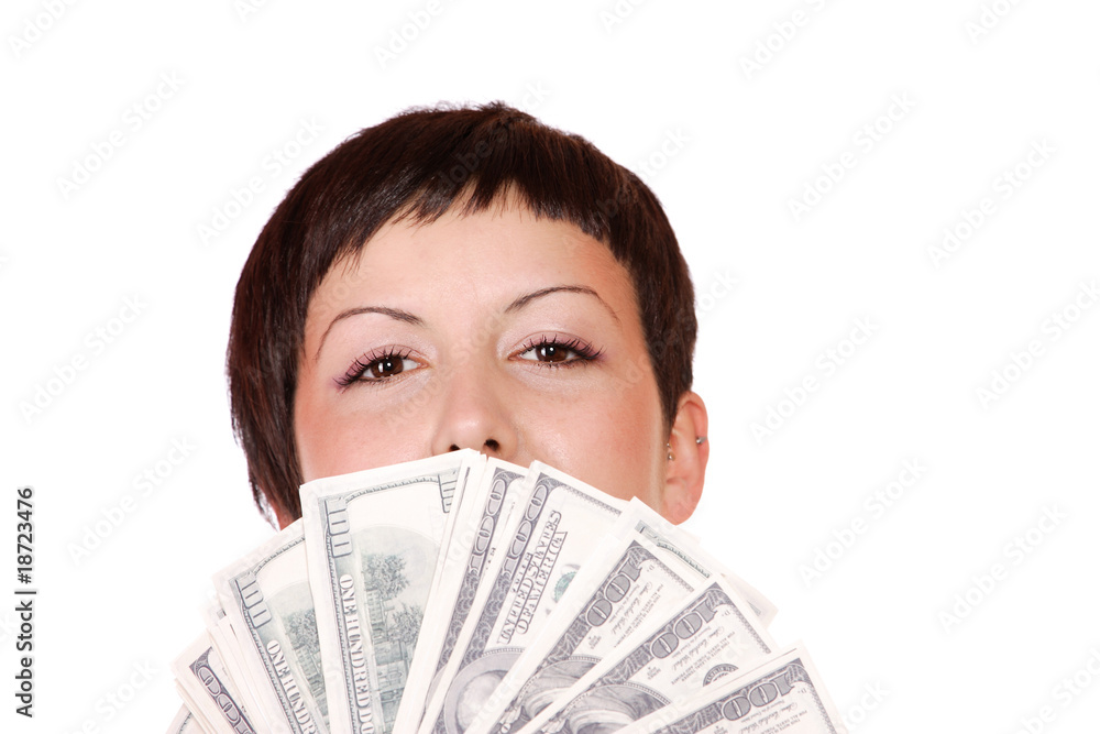 Attractive woman takes lot of 100 dollar bills Attractive woman takes lot of 100 dollar bills