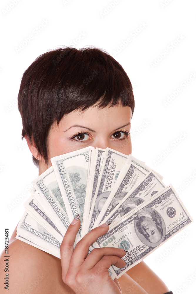 Attractive woman takes lot of 100 dollar bills Attractive woman takes lot of 100 dollar bills
