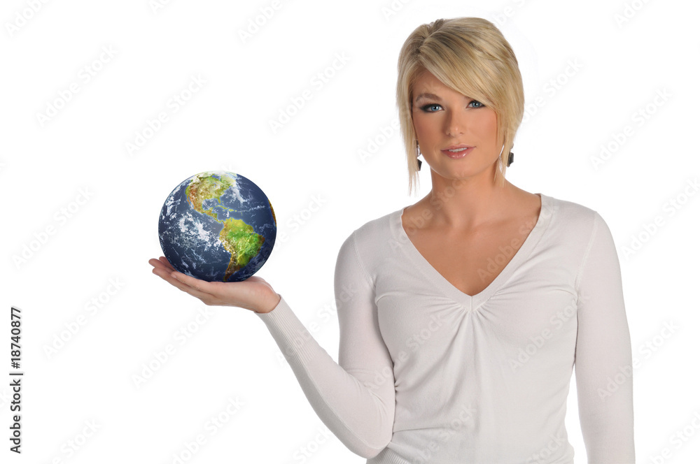 Young blond holding the earth in her hands Young blond holding the earth in her hands