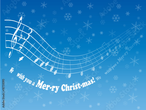"We wish you a Merry Christmas" music on snowy background