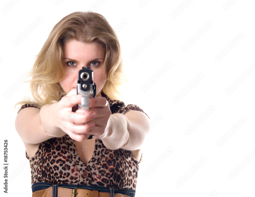 Woman with handgun isolated on white background Woman with handgun isolated on white background