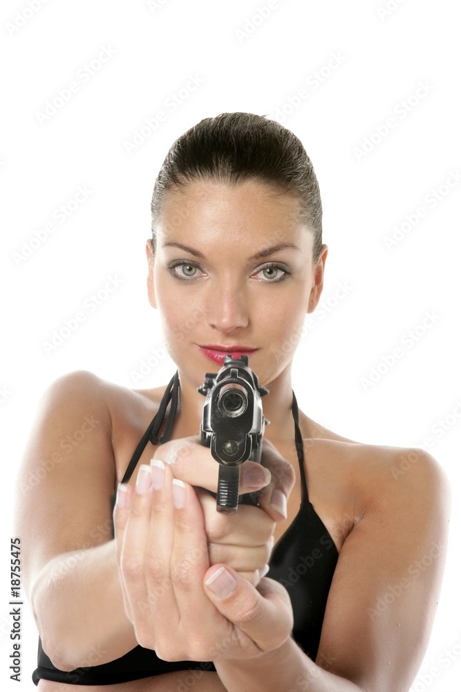 Beautiful sexy bikini woman with black gun Beautiful sexy bikini woman with black gun