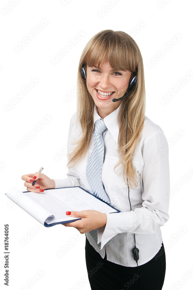 attractive blond with headset and clipboard attractive blond with headset and clipboard