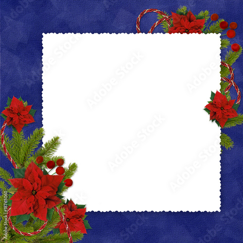 White frame with branches and flowers on the dark  blue backgrou