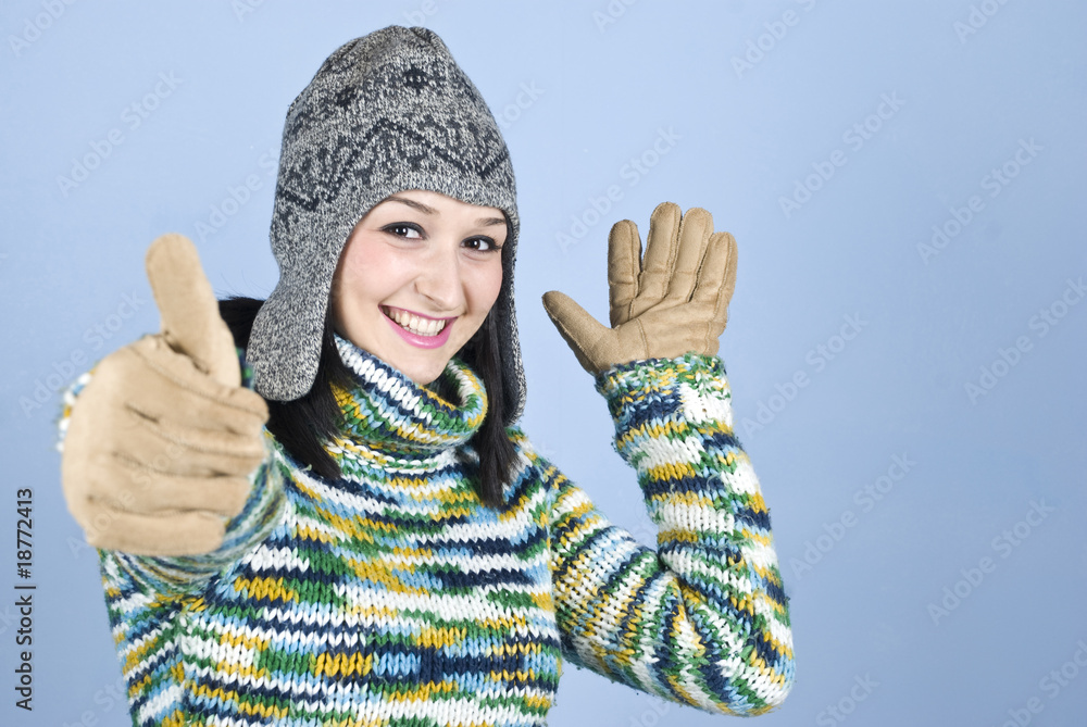 Happy winter girl give thumbs up Happy winter girl give thumbs up