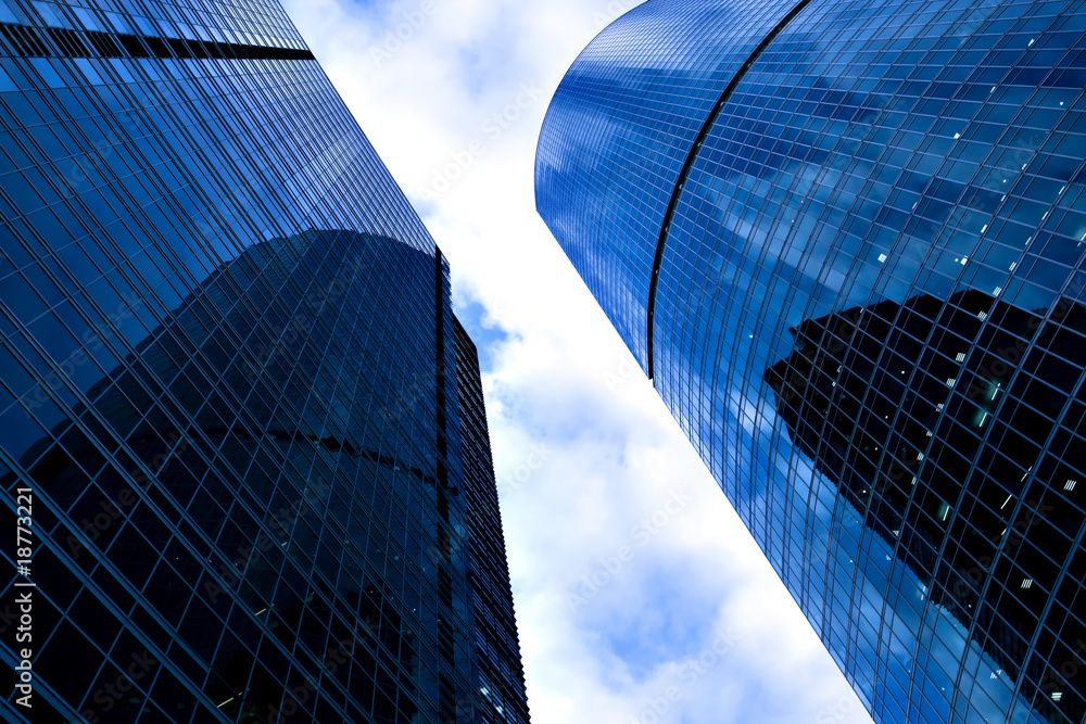 Fototapeta premium view to blue skyscrapers towers