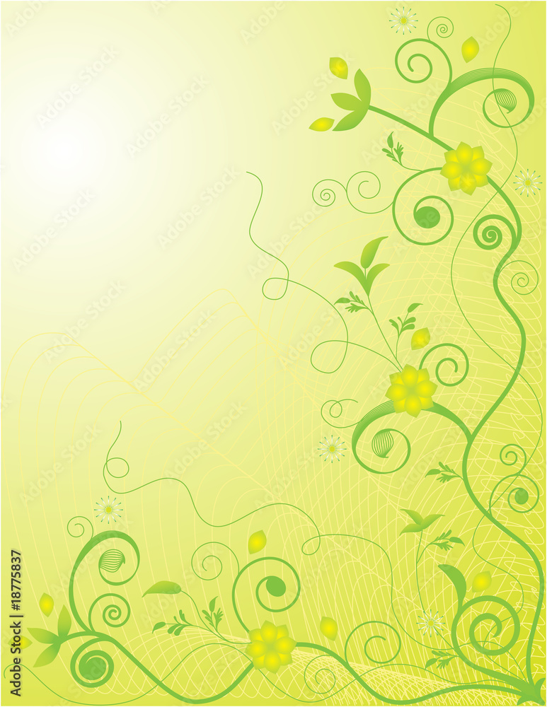 Yellow-green curvues and flowers background Yellow-green curvues and flowers background