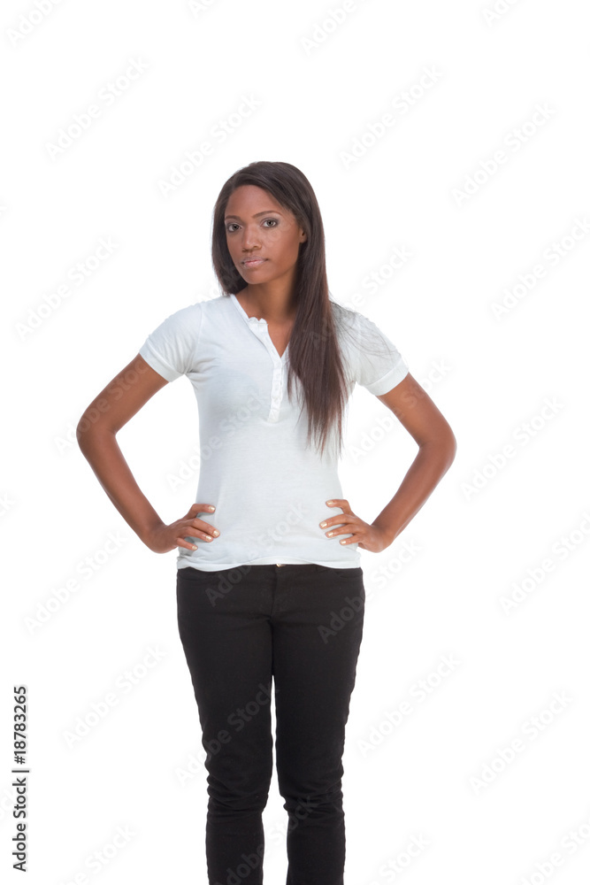 Ethnic black young woman in jeans and white t-shirt Ethnic black young woman in jeans and white t-shirt