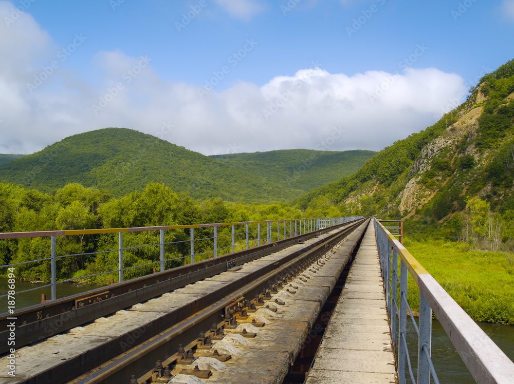 Year landscape with railway line, hills and cloudy sky Year landscape with railway line, hills and cloudy sky
