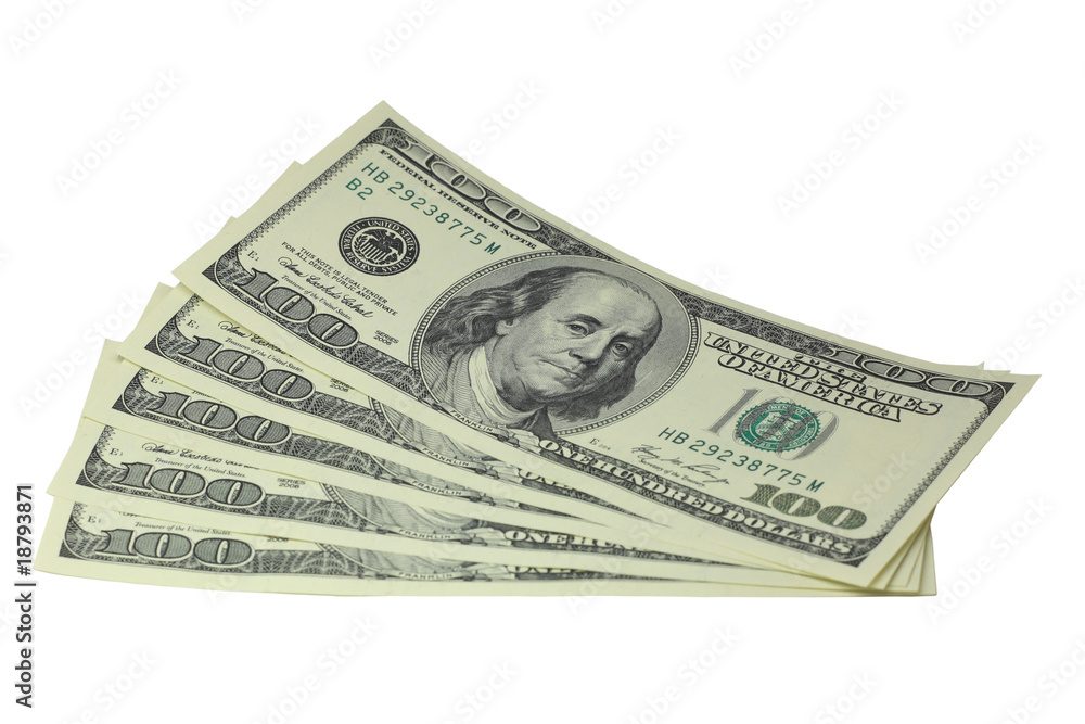 Five hundred dollar bills lying on a white background Five hundred dollar bills lying on a white background