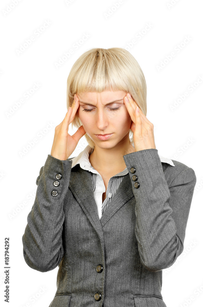 Business woman with strong headache isolated on white Business woman with strong headache isolated on white
