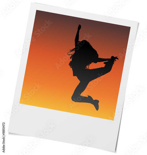Vector photo frame of girl dancing and jumping in sunset