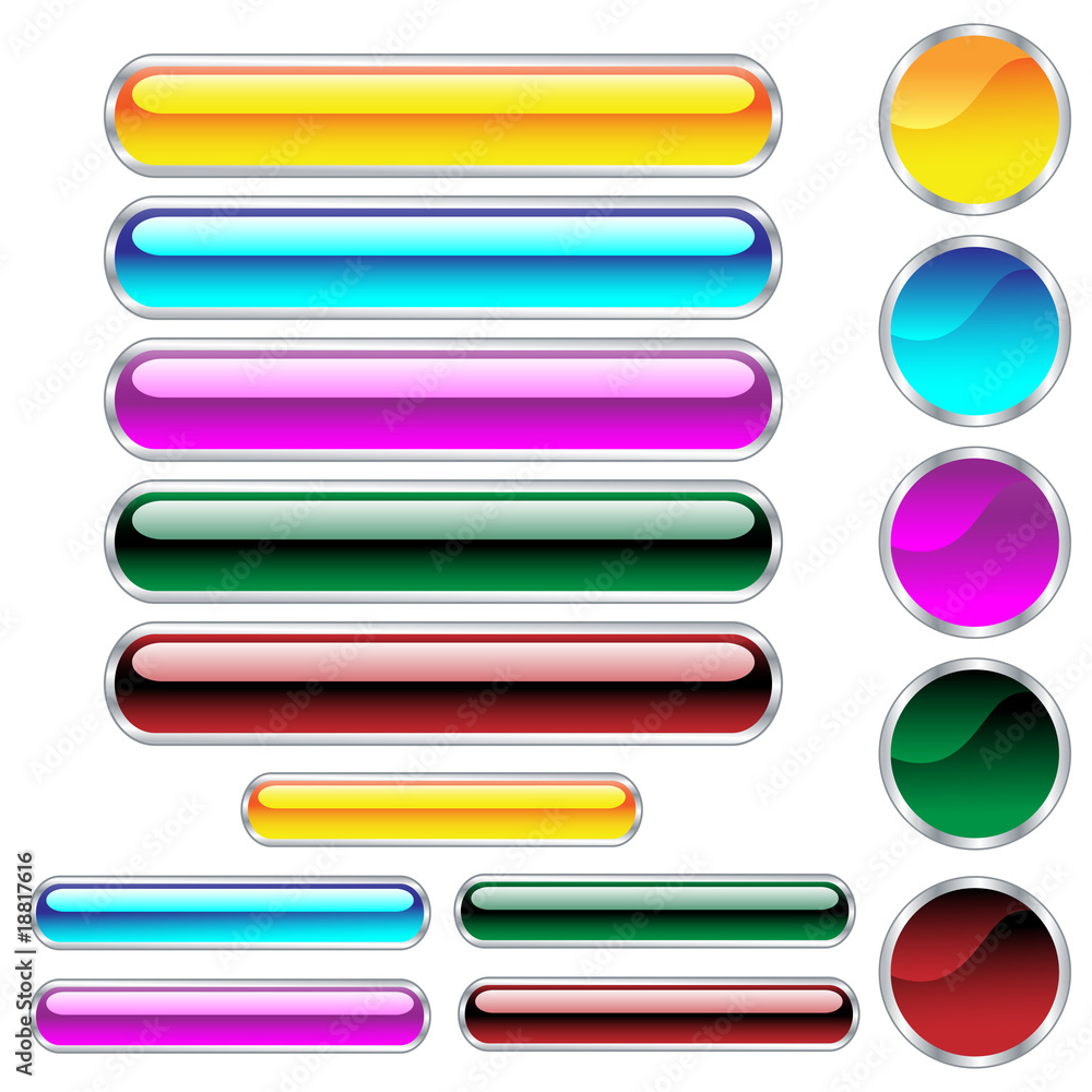 Web buttons in assorted glossy colors and shapes