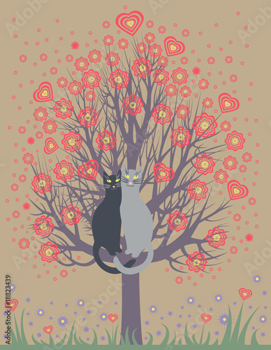 In love cats on a flowering tree