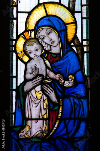 Stained glass window with mother and child