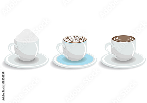 Three cups of espresso, cappuccino and coffee with cream