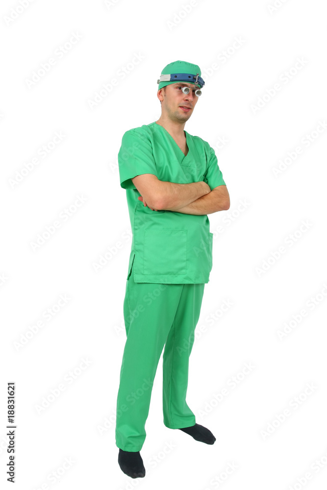 doctor with magnifying glass over white background