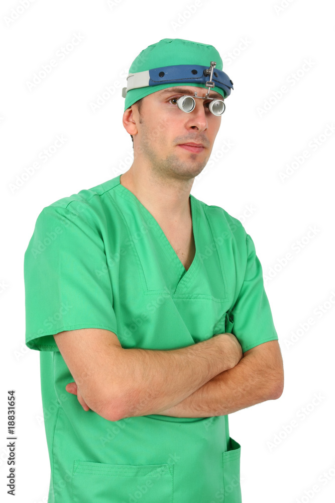 doctor with magnifying glass over white background
