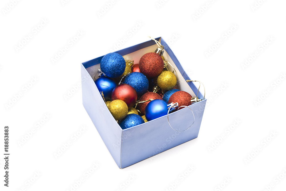 Blue box with christmas balls