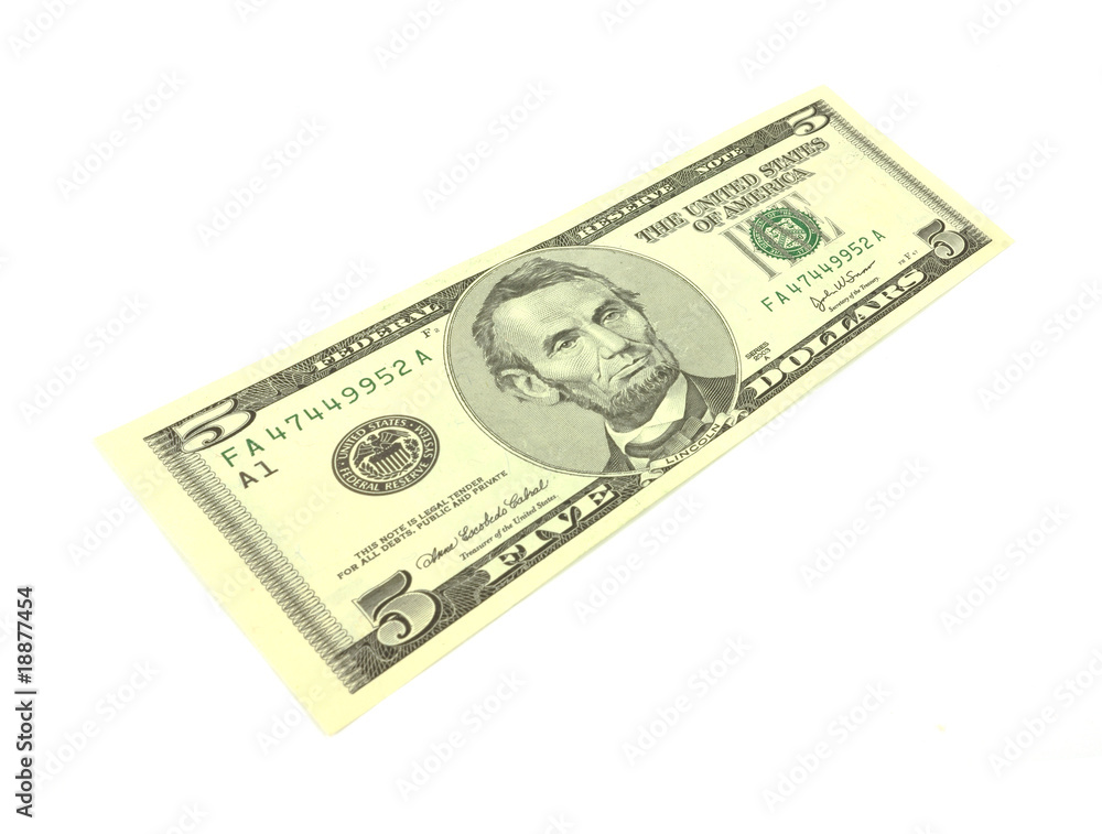 Stretched five dollar bill at an angle Stretched five dollar bill at an angle