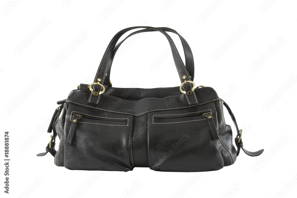Naklejka premium Black leather woman bag isolated over white