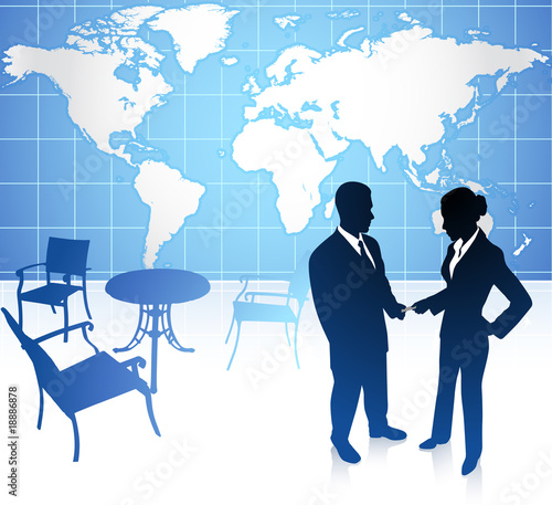businessman and businesswoman on internet background with world