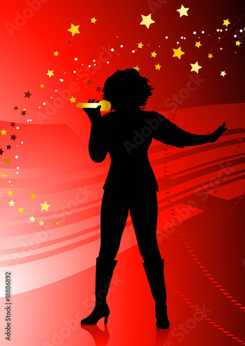 female singer on abstract red background with stars