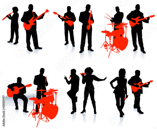 Music group with singers and instruments on white background